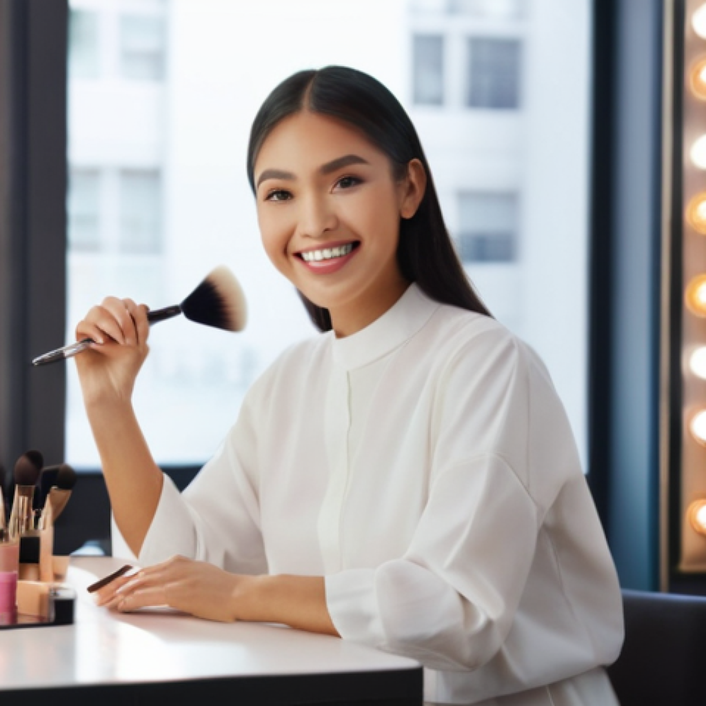 국내 메이크업 자격증 종류와 차이 - **Prompt:** A young, aspiring female makeup artist with a bright smile, meticulously applying subtle...