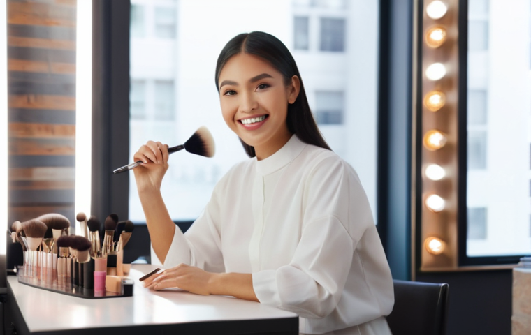 국내 메이크업 자격증 종류와 차이 - **Prompt:** A young, aspiring female makeup artist with a bright smile, meticulously applying subtle...