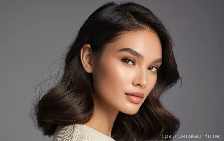 뷰티 박람회에서의 메이크업 시연 - **Prompt:** A close-up portrait focusing on the expressive eyes and perfectly defined eyebrows of a ...