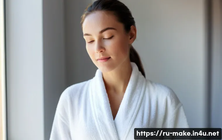 메이크업 이론과 실무의 조화 - A beautiful young woman in her late 20s, with a serene and radiant expression, standing in soft morn...