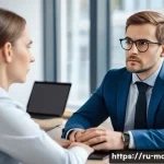 업무 중 고객과의 갈등 해결 사례 - A professional customer service representative attentively listening to a middle-aged Russian client...