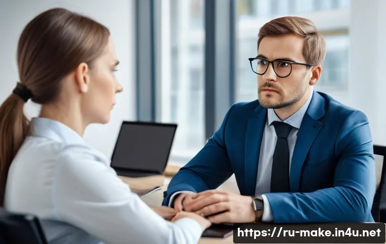 업무 중 고객과의 갈등 해결 사례 - A professional customer service representative attentively listening to a middle-aged Russian client...