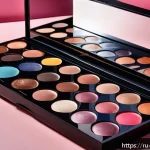 아티스트 브랜드 메이크업 분석 - A high-fashion makeup artist&rsquo;s studio scene showcasing a diverse range of bold, vibrant cosmetic pal...