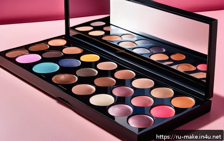 아티스트 브랜드 메이크업 분석 - A high-fashion makeup artist&rsquo;s studio scene showcasing a diverse range of bold, vibrant cosmetic pal...