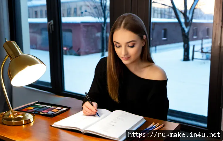 Home 17 메이크업 이론 공부법 - Photorealistic beauty student studying makeup theory at a tidy desk in a bright Moscow apartment, op...