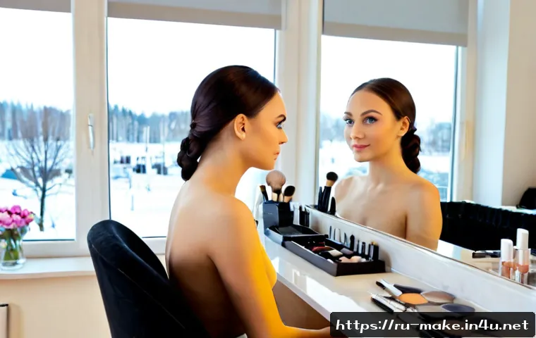 Home 17 뷰티 전문가로 성장하기 위한 조언 - Photorealistic editorial scene of a young Russian beauty professional practicing precise makeup appl...